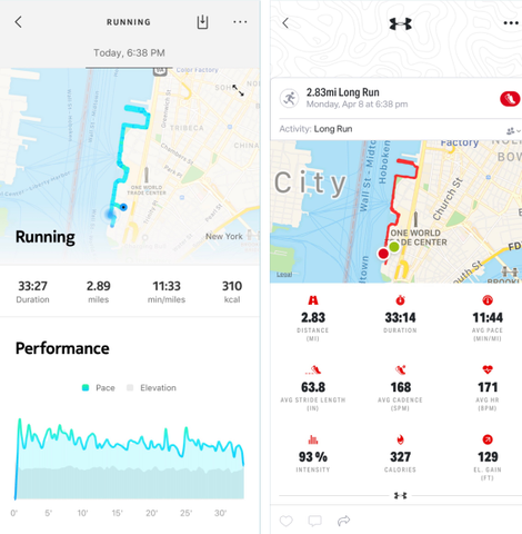 The Health Mate app (left) will get you more simplified workout details than a more dedicated fitness app like Map My Run.